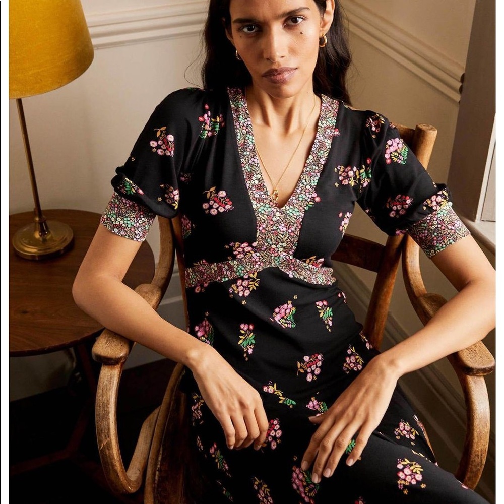 Boden Black Floral Midi Dress with Pink & Green Accents